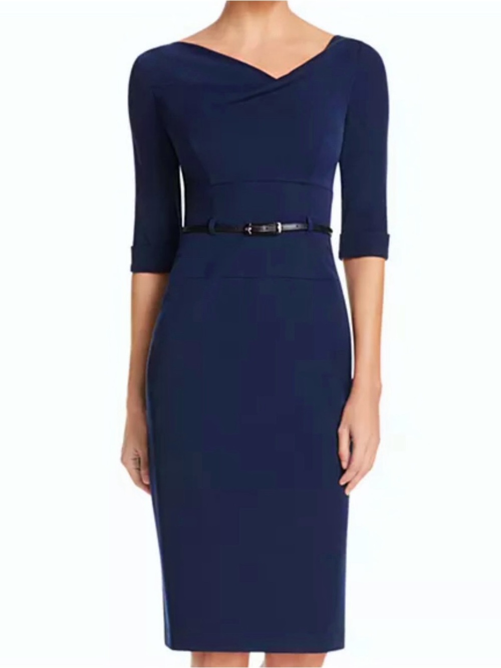 🌺 Black Halo Navy Blue Three Quarter Sleeve Sheath Dress with Belt Size 2